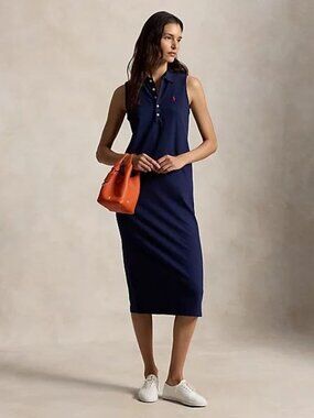 $168 Polo Ralph Lauren Stretch-Cotton Sleeveless Polo Dress Navy Size L